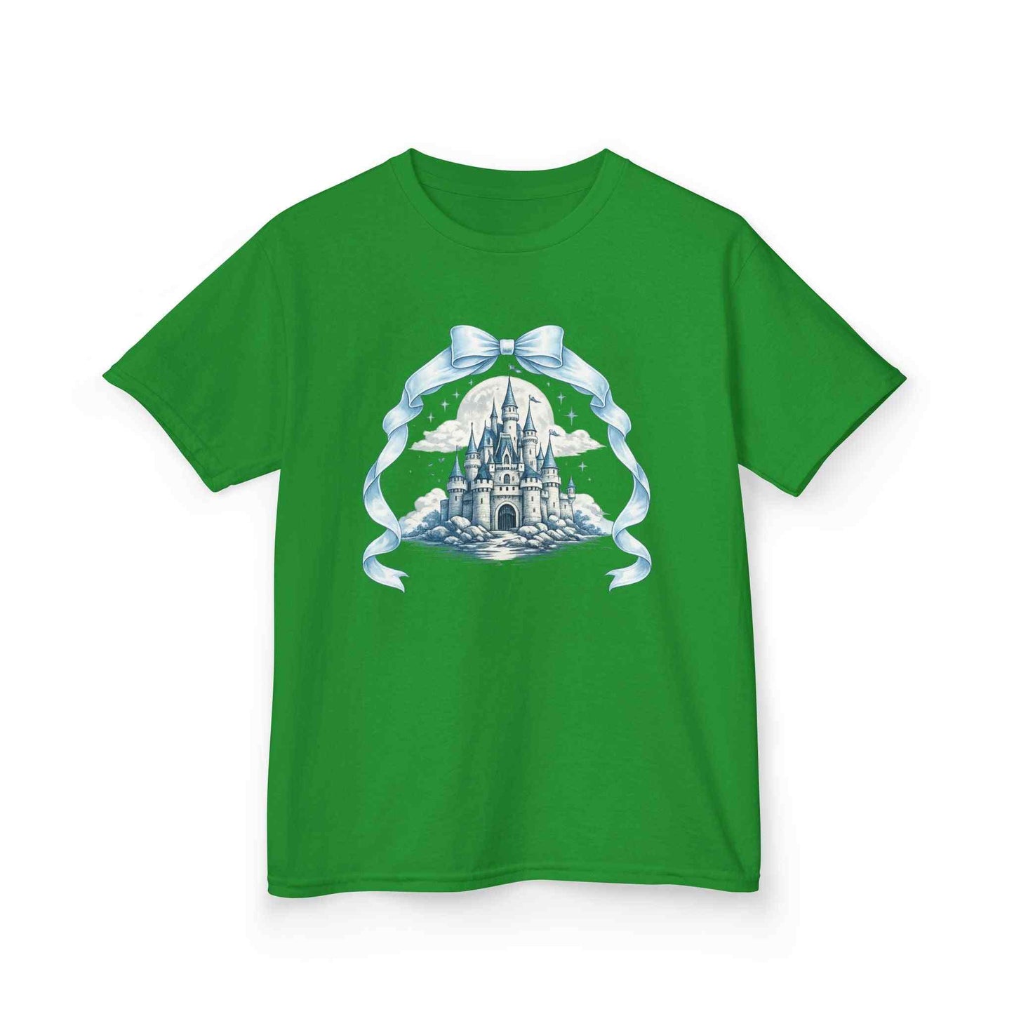 Blue Kids Castle T-shirt featuring whimsical fairytale design for children, made from soft breathable cotton.
