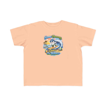 Toddler tee with cute surf bunny graphic and "Some Bunny Loves The Wave" text for kids.