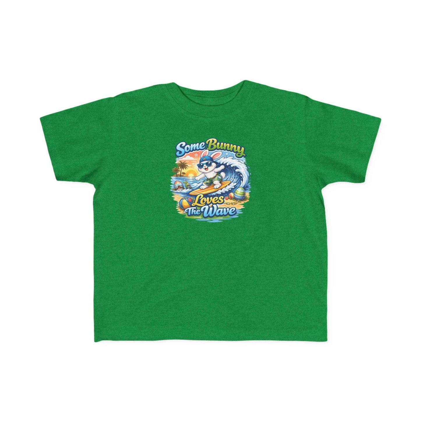 Toddler tee with surf bunny graphic titled Some Bunny Loves the Wave, soft cotton beach shirt for kids