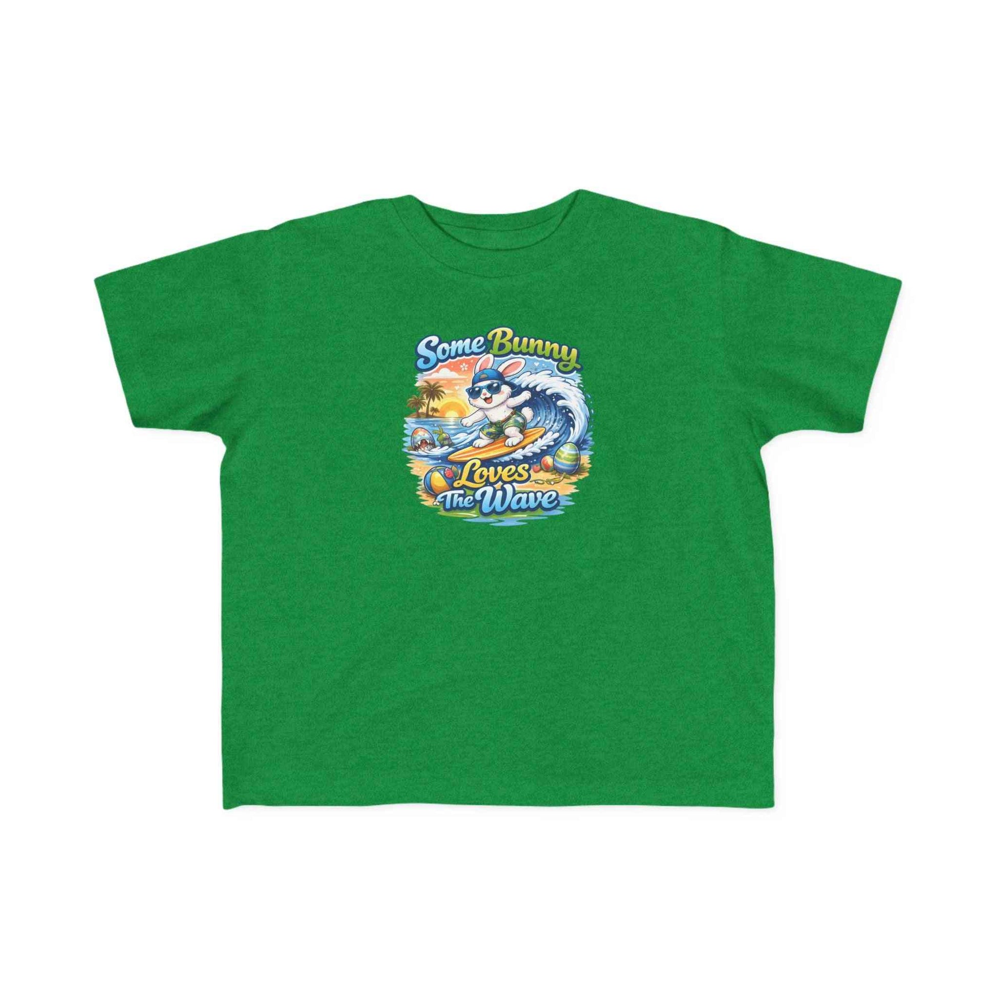 Toddler tee with surf bunny graphic titled Some Bunny Loves the Wave, soft cotton beach shirt for kids