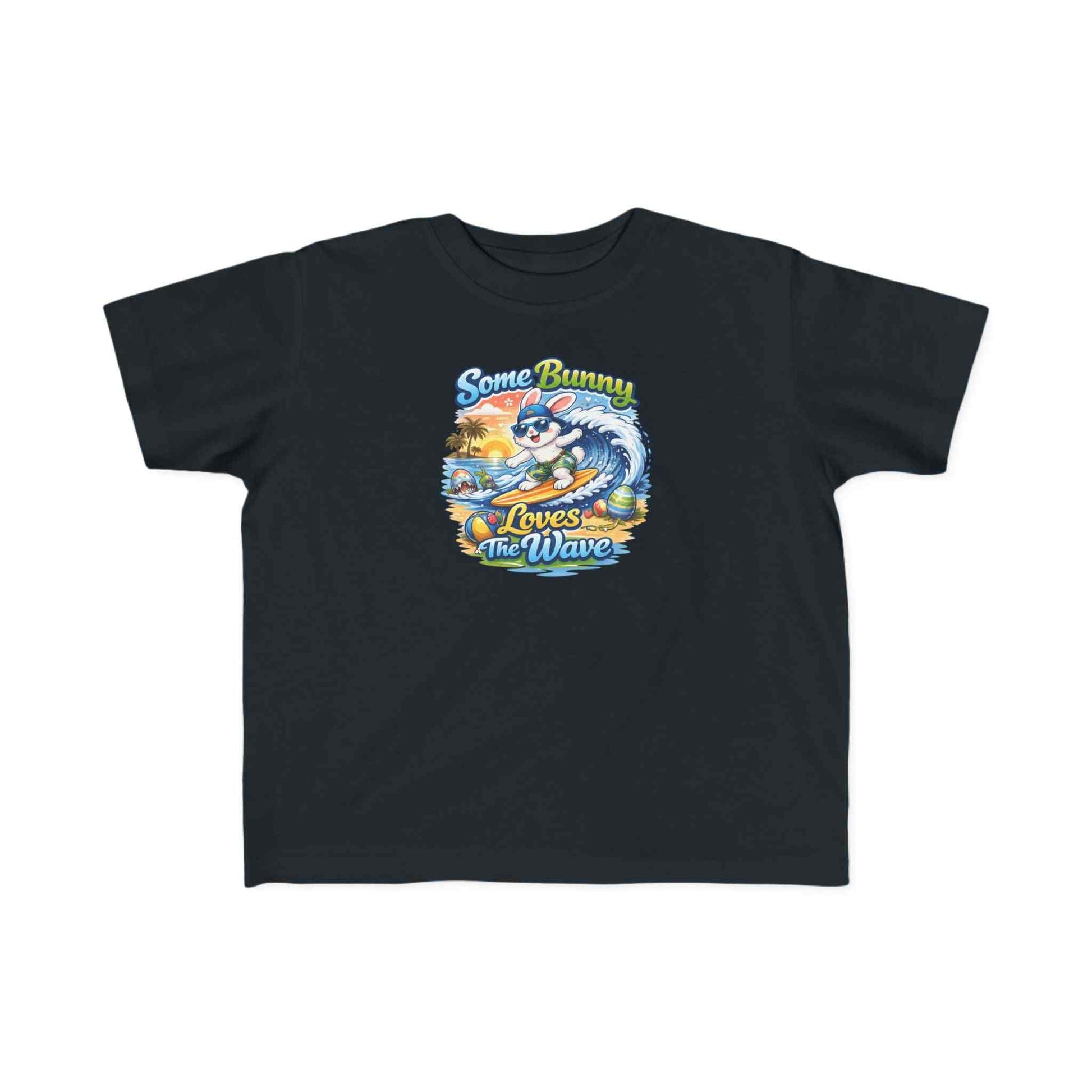 Toddler tee with surf bunny graphic and "Some Bunny Loves The Wave" text, soft cotton kids t-shirt for beach play