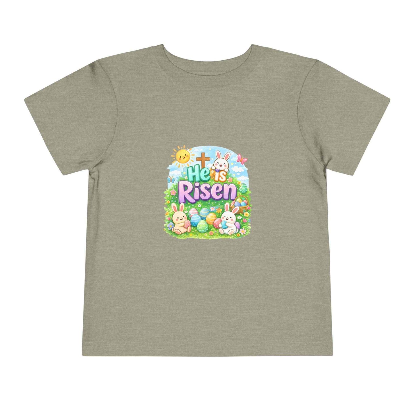He Is Risen toddler tee with Easter bunny, cross, and pastel eggs design for kids