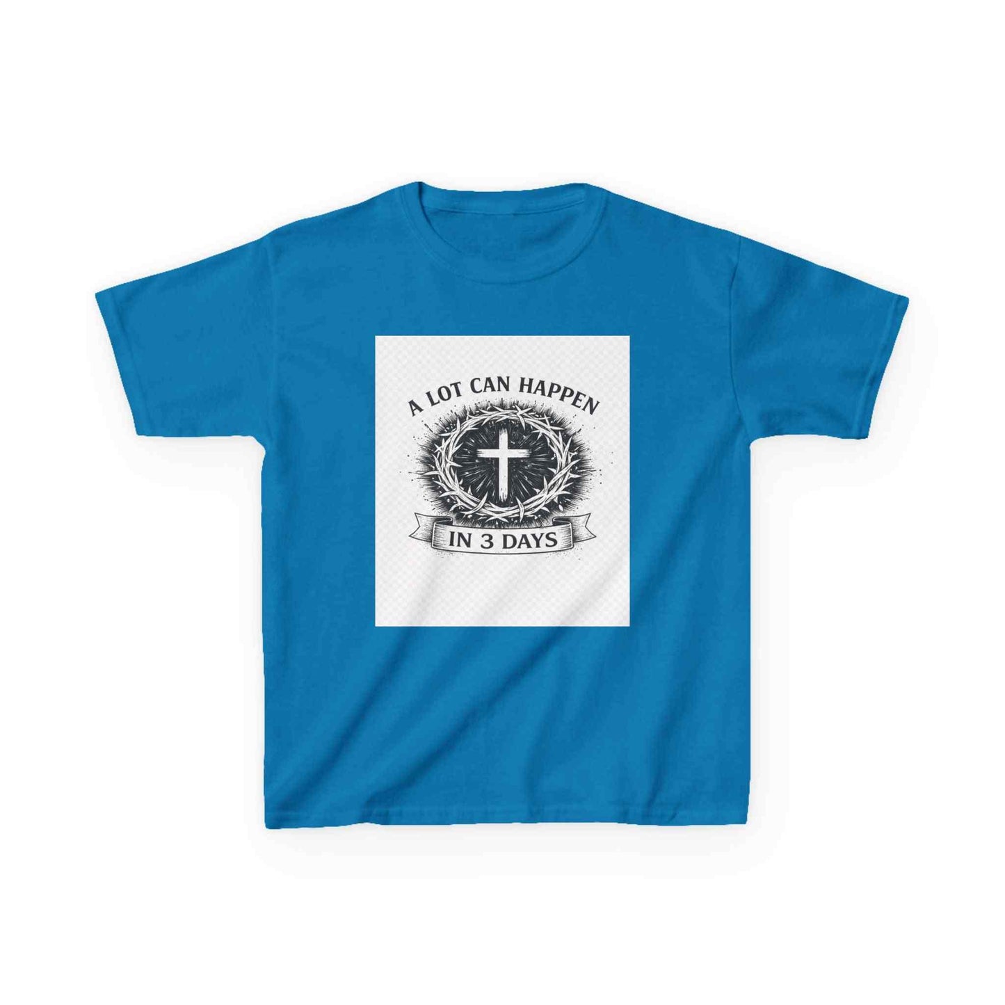 Kids tee with vintage Christian cross and "A Lot Can Happen in 3 Days" design on soft breathable cotton