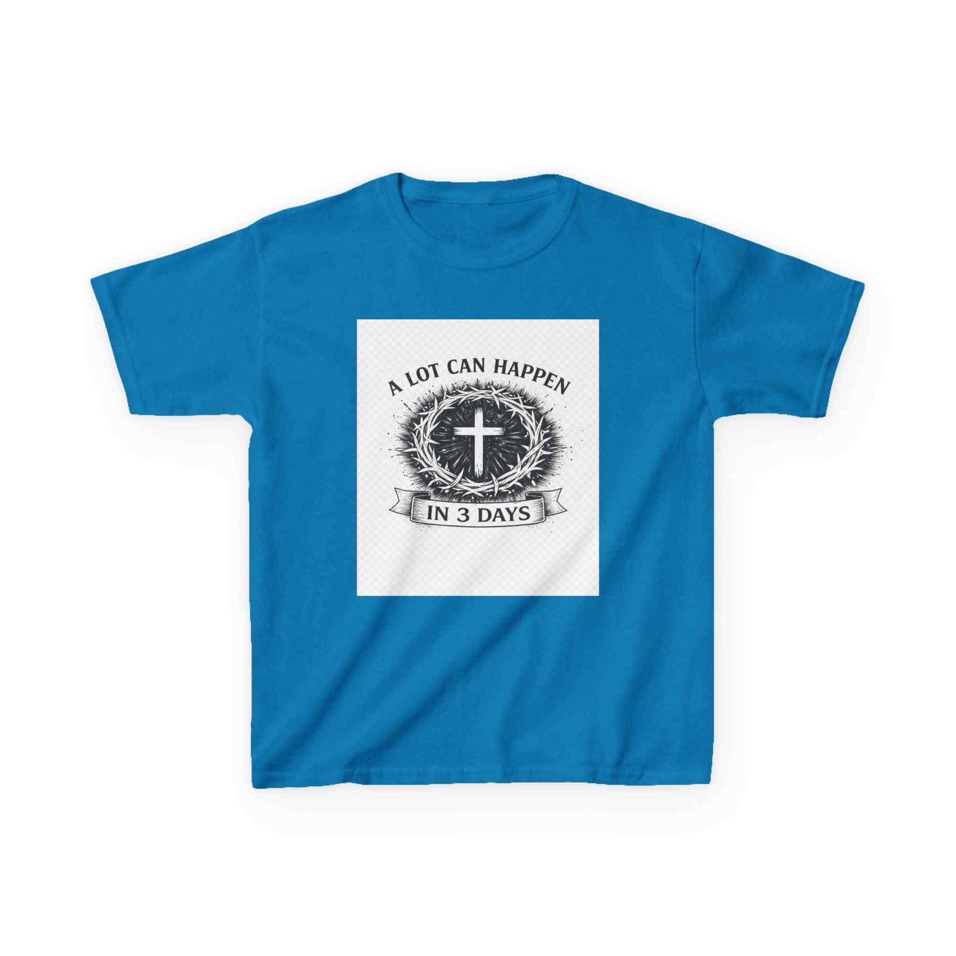 Kids tee with vintage Christian cross and "A Lot Can Happen in 3 Days" design on soft breathable cotton