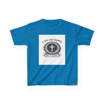 Kids tee with vintage Christian cross and "A Lot Can Happen in 3 Days" design on soft breathable cotton