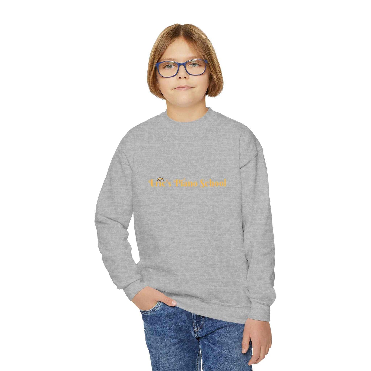 Cozy Eric's Piano School youth sweatshirt with embroidered piano emblem and comfortable fit for music lessons