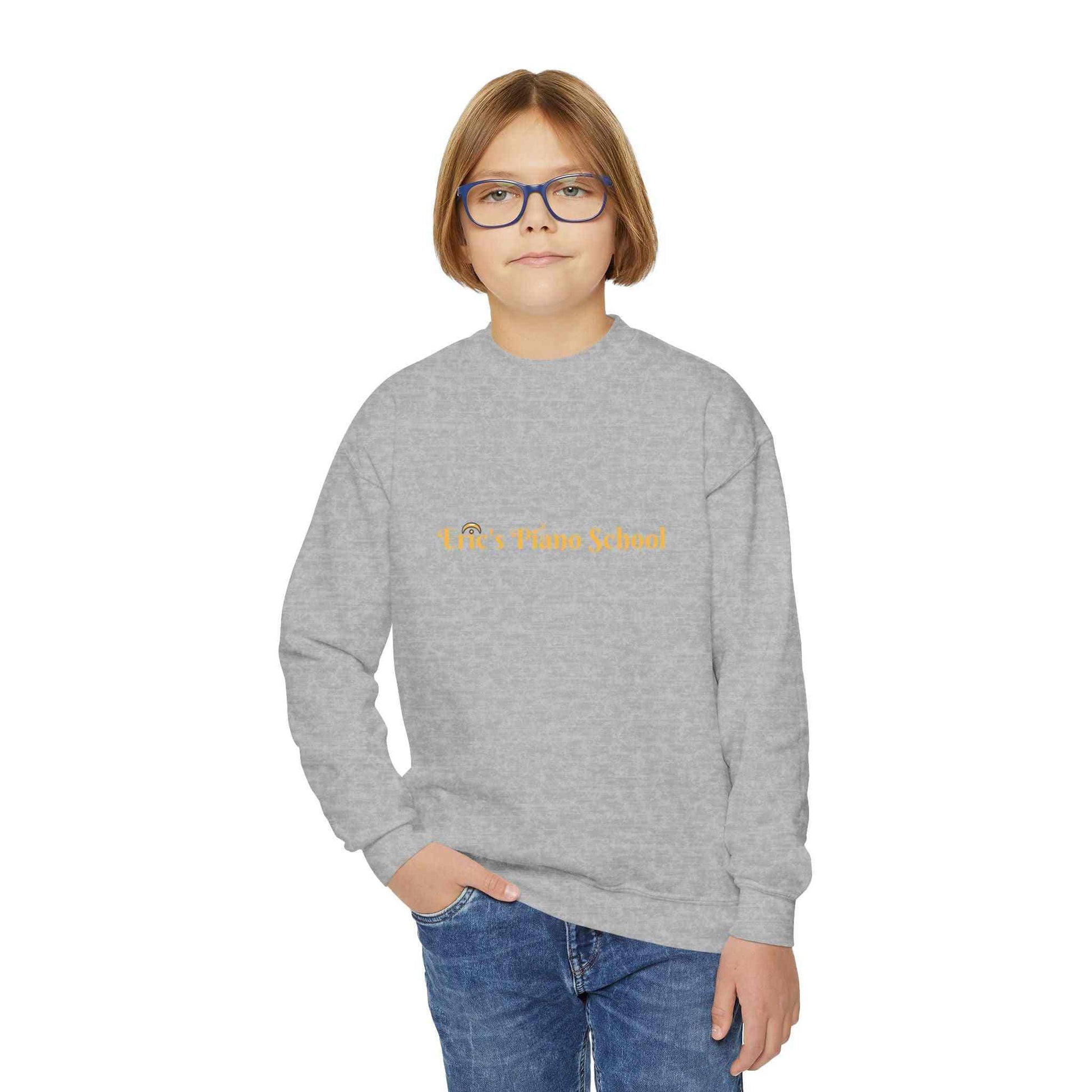 Cozy Eric's Piano School youth sweatshirt with embroidered piano emblem and comfortable fit for music lessons