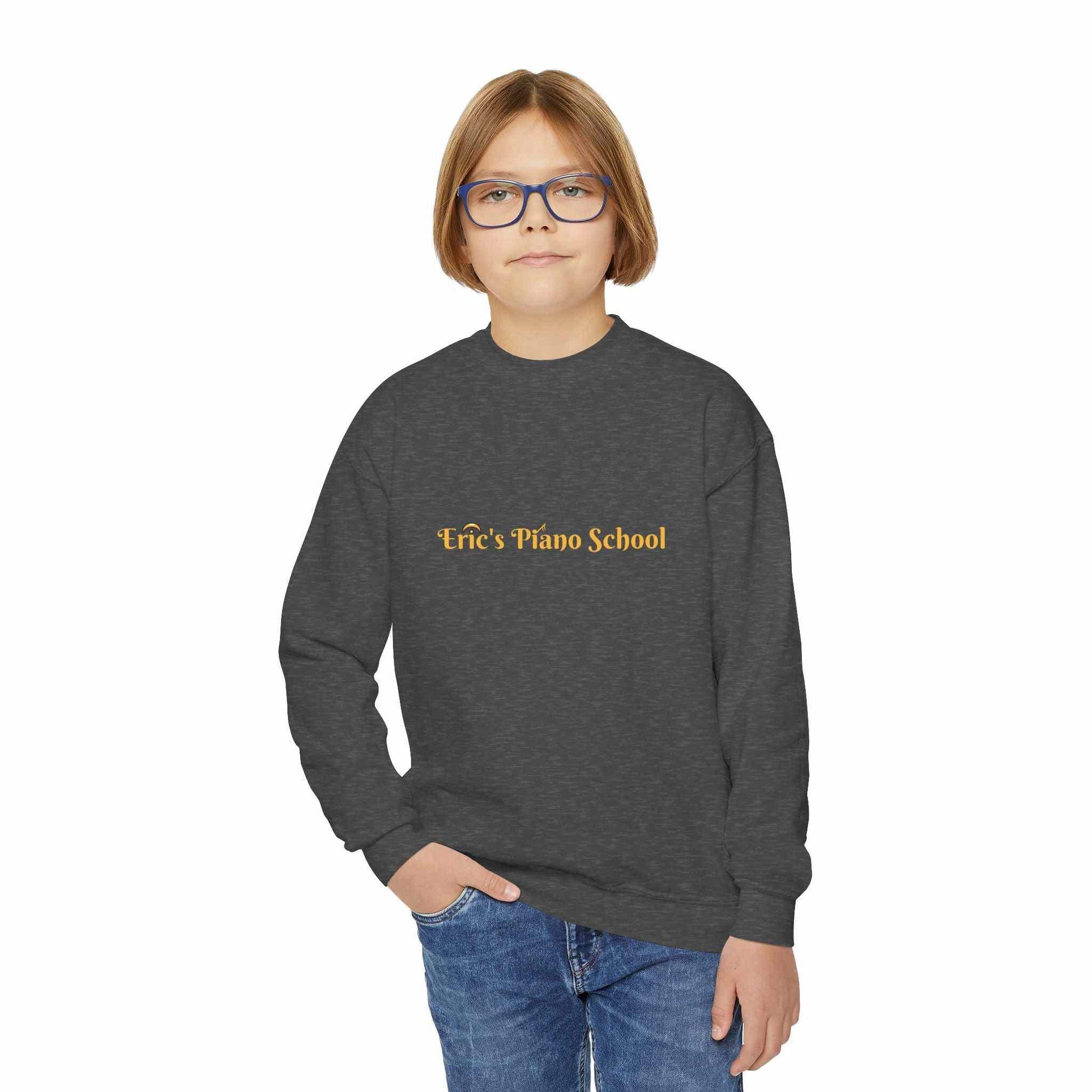 Cozy youth sweatshirt with piano school emblem, soft midweight fabric, and loose fit for comfortable music lessons and recitals.