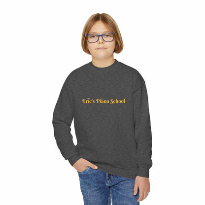 Cozy youth sweatshirt with piano school emblem, soft midweight fabric, and loose fit for comfortable music lessons and recitals.