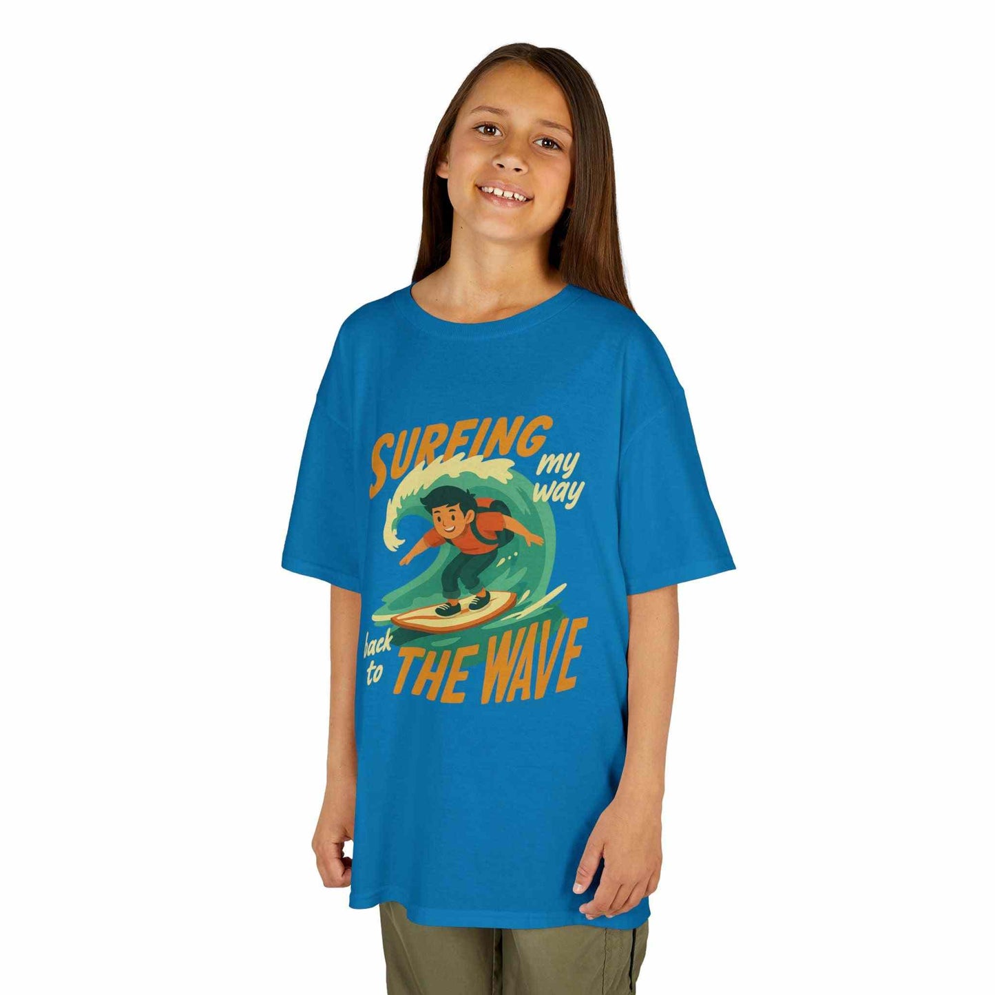 Kids Surfing The Wave T-Shirt with retro surfer graphic and vibrant colors on soft cotton fabric