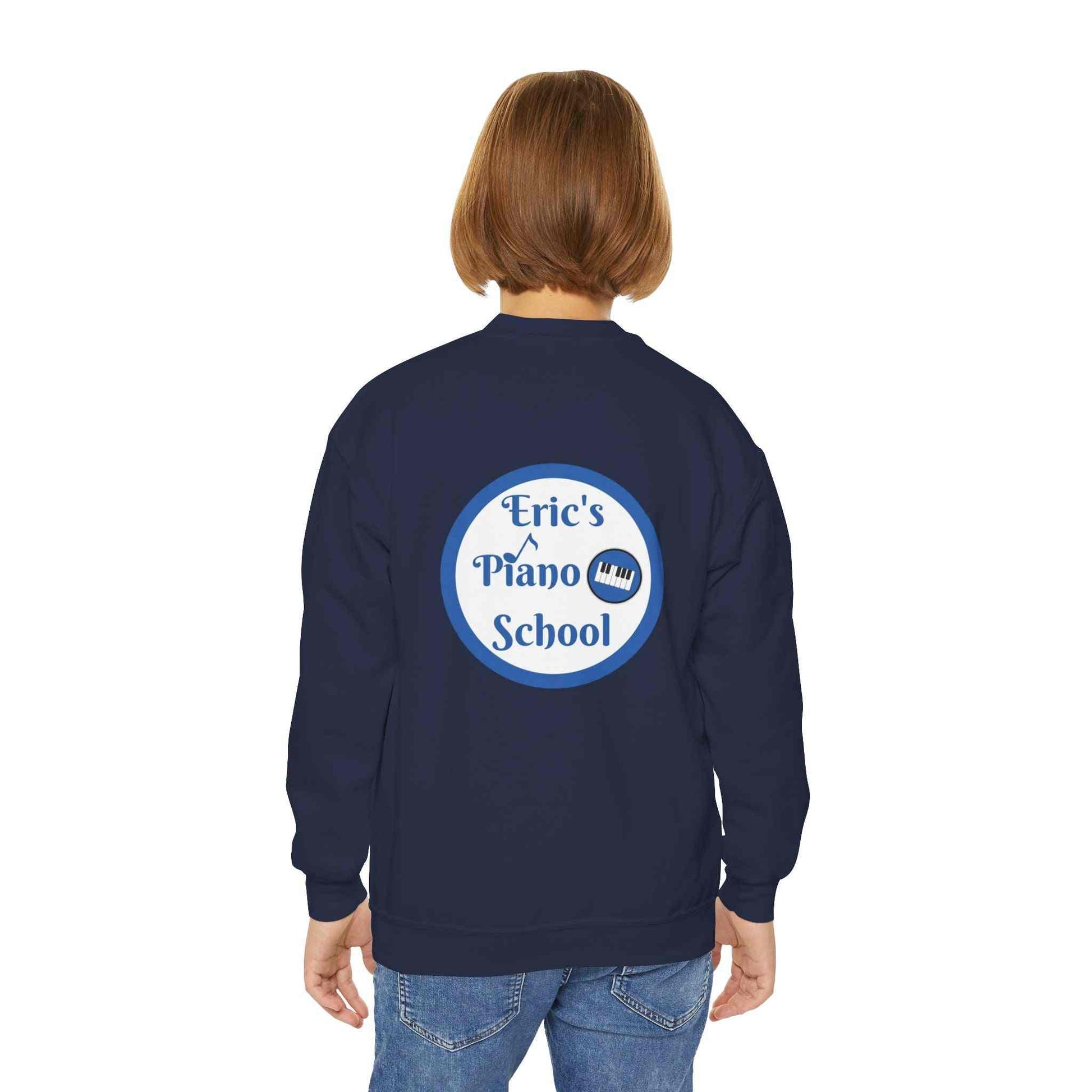 Cozy youth sweatshirt with piano school emblem, midweight fabric, and loose fit for music lessons and recitals
