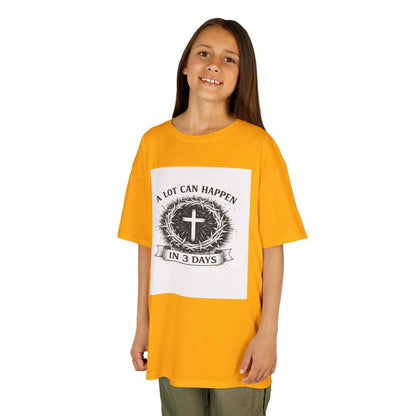 Kids Tee with vintage cross and "A Lot Can Happen in 3 Days" faith design on soft cotton shirt