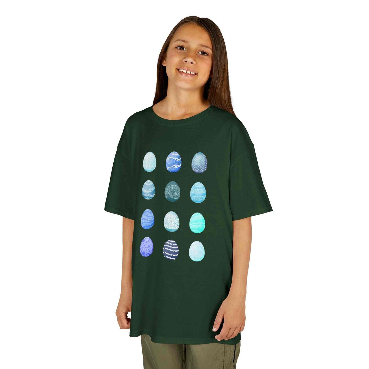 Kids tee with blue watercolor egg pattern on white cotton fabric