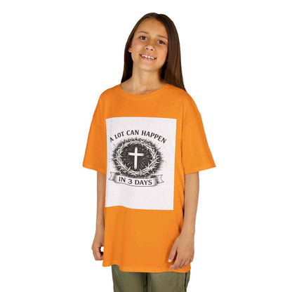 Kids tee with vintage Christian cross and "A Lot Can Happen in 3 Days" design on soft cotton fabric