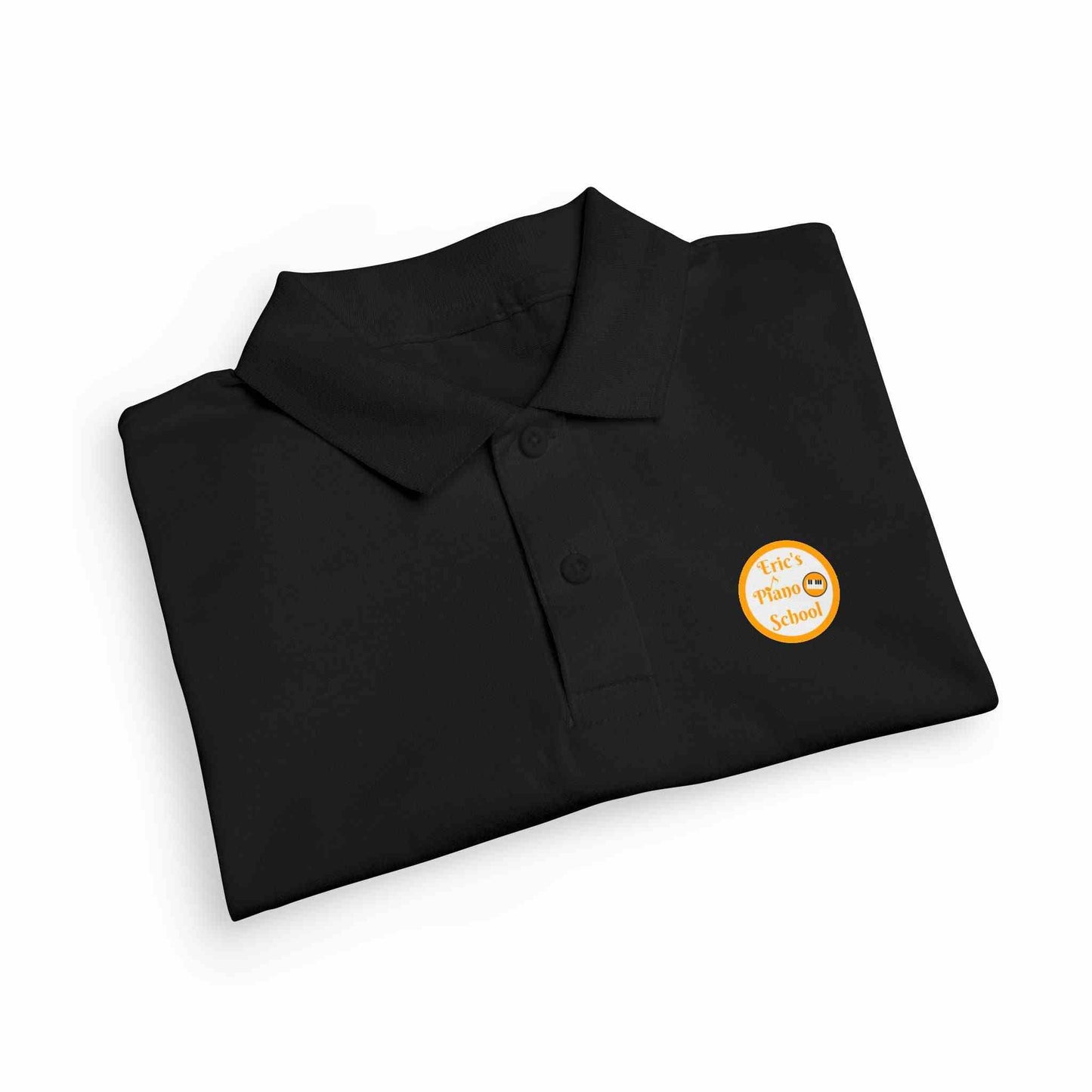 Gold youth polo shirt with Eric's Piano School logo for kids music lessons