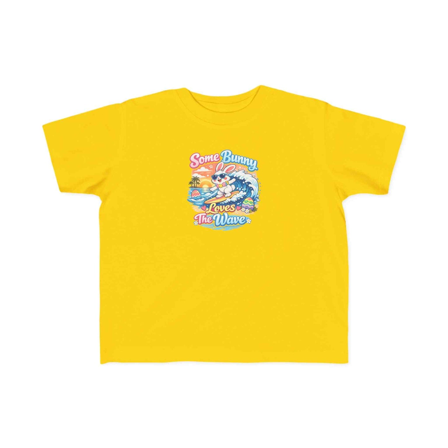 Easter T-shirt featuring a surfing bunny with pastel eggs and sunset waves, perfect for spring and school events