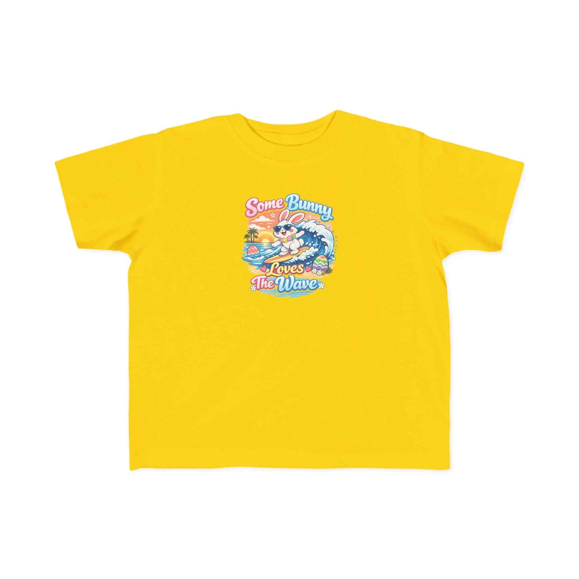 Easter T-shirt featuring a surfing bunny with pastel eggs and sunset waves, perfect for spring and school events