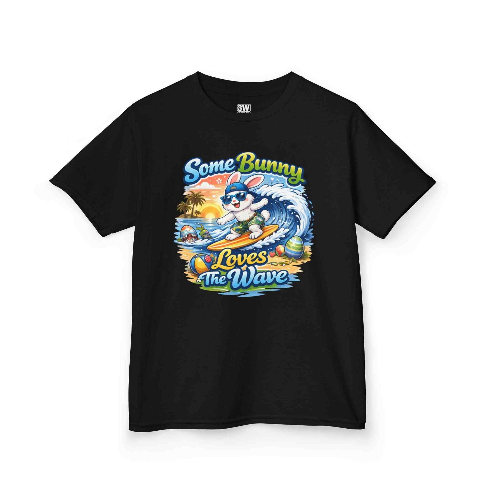 Youth boy's T-shirt with Some Bunny Loves The Wave surfing bunny Easter design