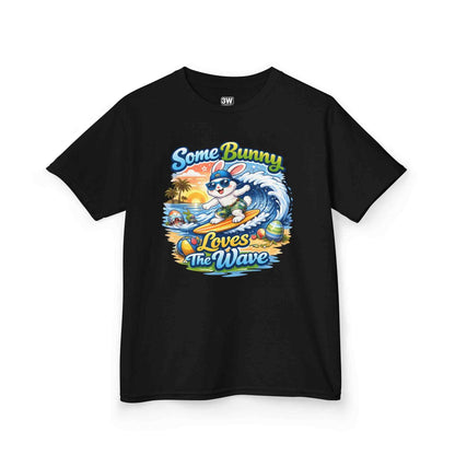 Youth boy's T-shirt with Some Bunny Loves The Wave surfing bunny Easter design