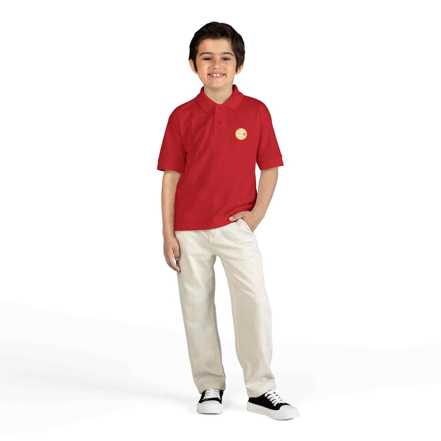 Youth gold polo shirt for kids by Eric's Piano School, moisture-wicking, durable, with contoured collar and school logo