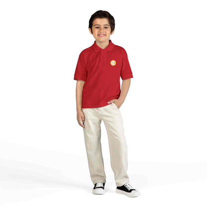 Youth gold polo shirt for kids by Eric's Piano School, moisture-wicking, durable, with contoured collar and school logo