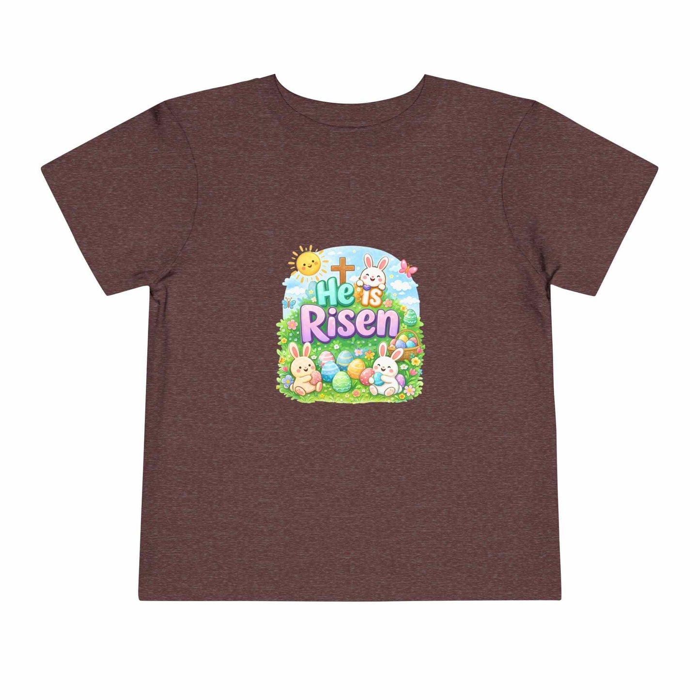 He Is Risen toddler tee with Easter bunny and cross design on soft pastel kids shirt