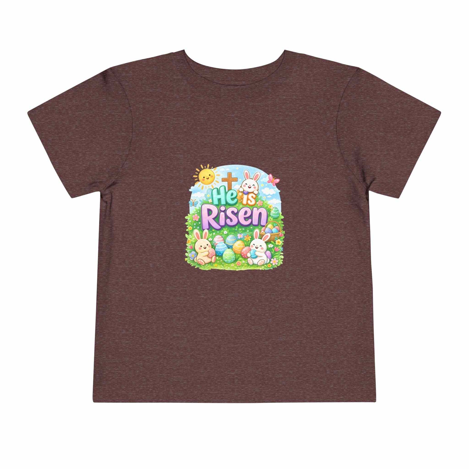 He Is Risen toddler tee with Easter bunny and cross design on soft pastel kids shirt