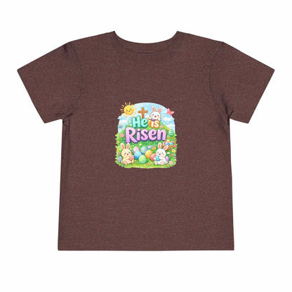 He Is Risen toddler tee with Easter bunny and cross design on soft pastel kids shirt