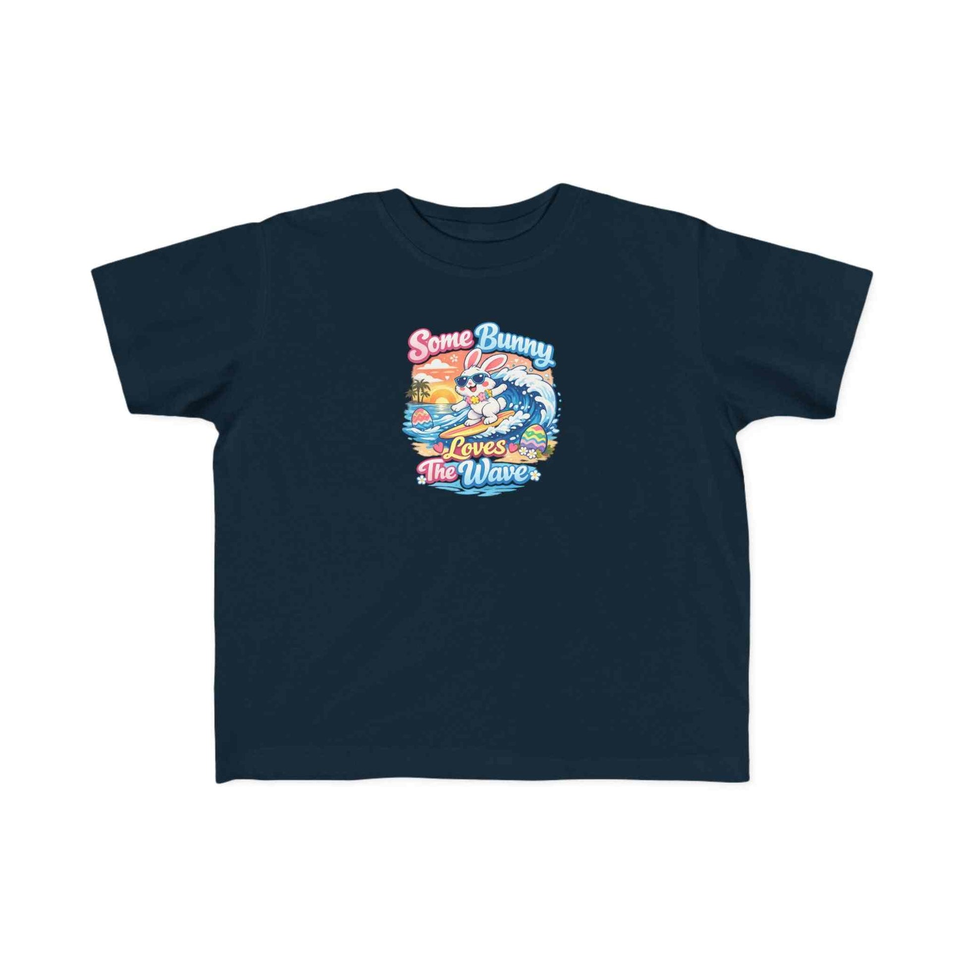 Youth girl Easter T-shirt with surfing bunny and pastel eggs saying Some Bunny Loves The Wave