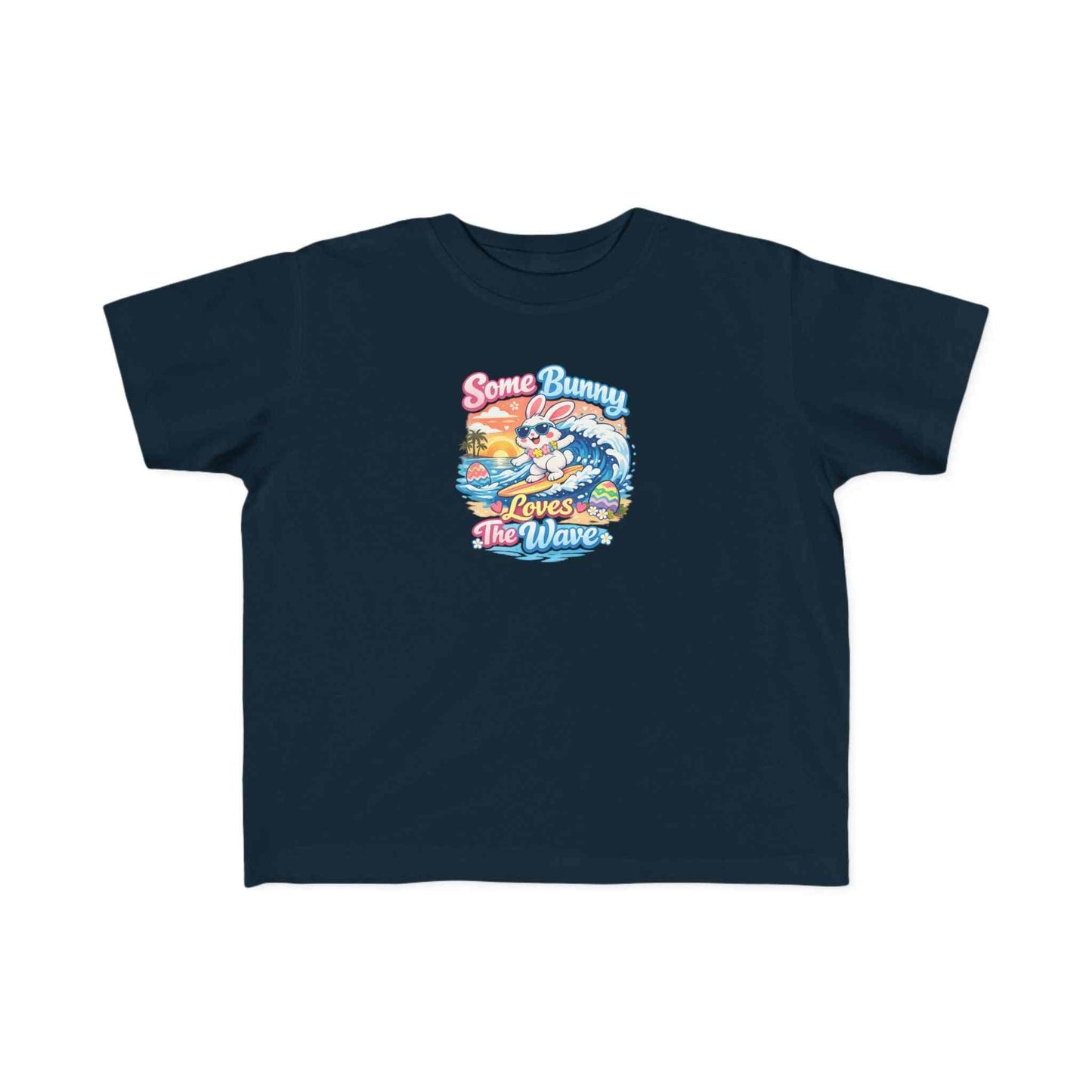 Some Bunny Loves The Wave Easter T-shirt with surfing bunny and sunset wave design on pastel colors