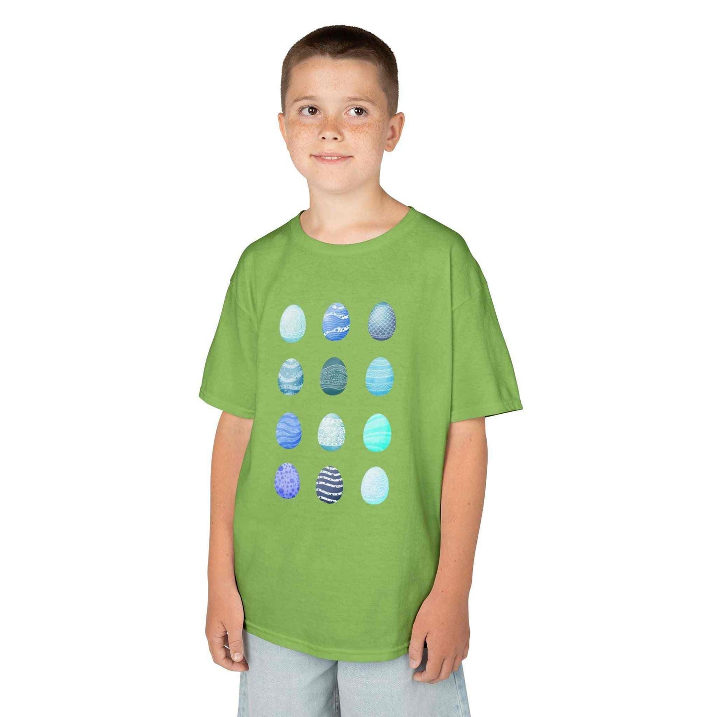 Kids tee with blue watercolor egg pattern on white cotton fabric