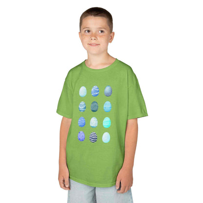 Kids tee with blue watercolor egg pattern on white cotton fabric