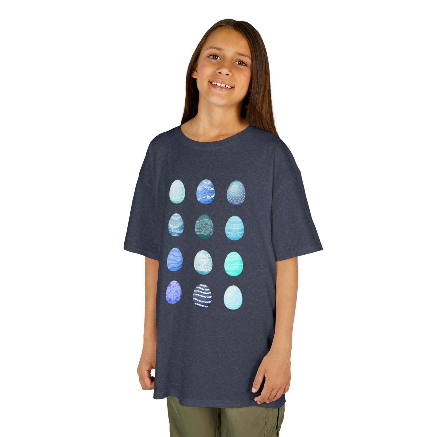 Kids tee with blue watercolor egg pattern on white cotton fabric
