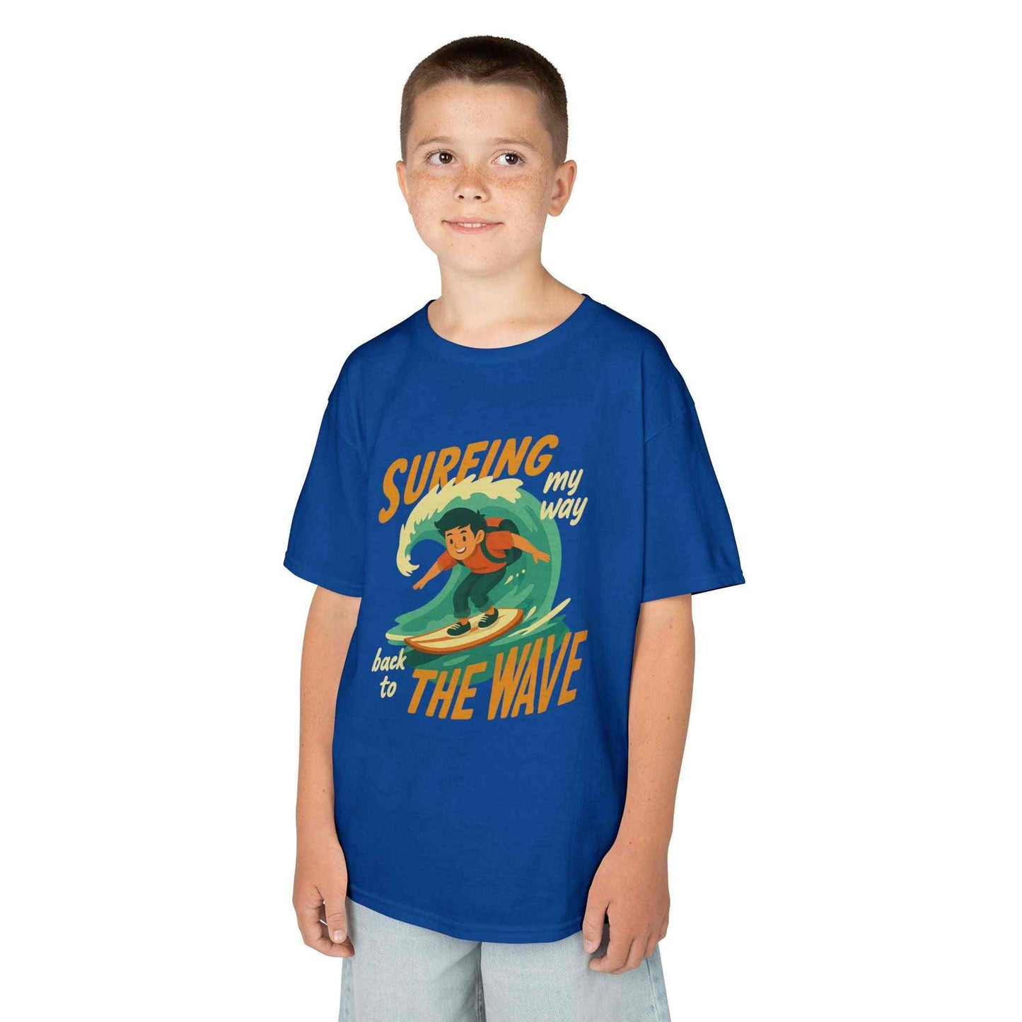 Kids Surfing The Wave T-Shirt with retro surfer graphic and colorful design