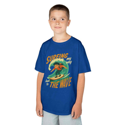 Kids Surfing The Wave T-Shirt with retro surfer graphic and colorful design