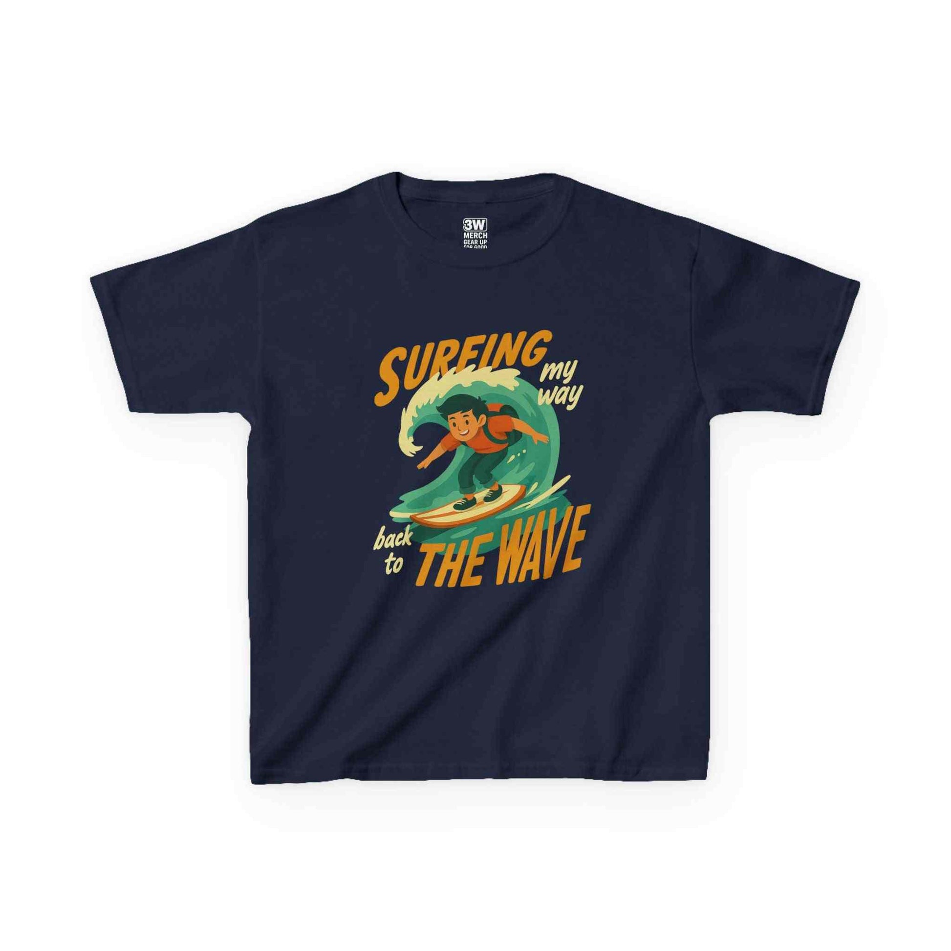 Kids Surfing The Wave T-Shirt with retro surfer graphic and vibrant colors on soft cotton fabric