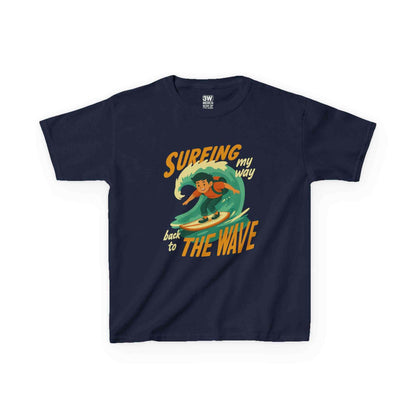 Kids Surfing The Wave T-Shirt with retro surfer graphic and vibrant colors on soft cotton fabric