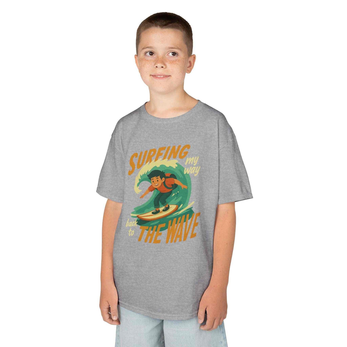 Kids Surfing The Wave T-Shirt with retro surfer graphic and vibrant beach style