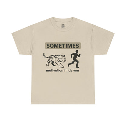 Funny Motivation T-Shirt – “Sometimes Motivation Finds You” Tiger Chase Running Tee for Fitness & Gym Lovers