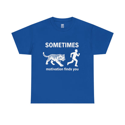 Funny Motivation T-Shirt – “Sometimes Motivation Finds You” Tiger Chase Running Tee for Fitness & Gym Lovers