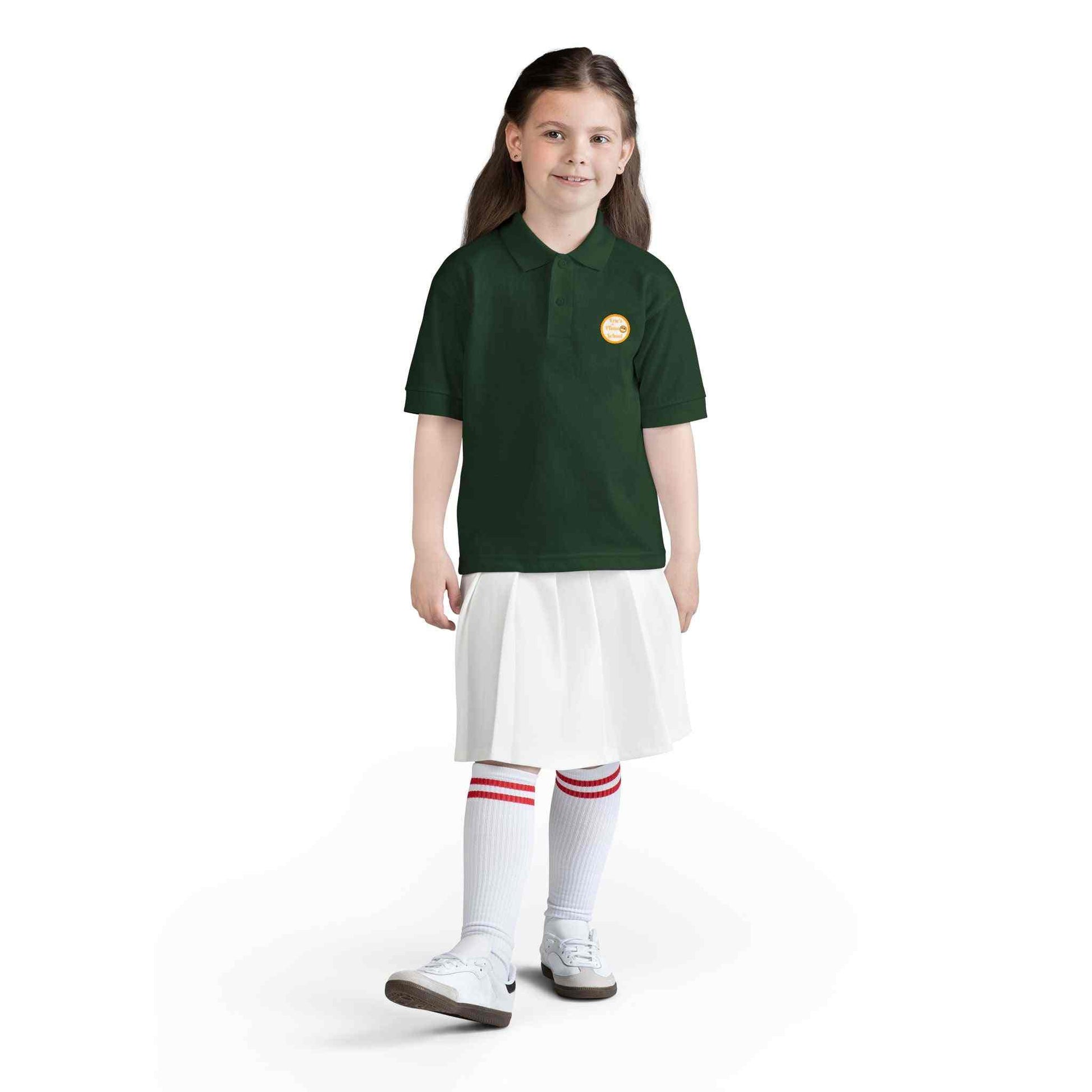 Gold youth polo shirt with Eric's Piano School logo for kids music lessons
