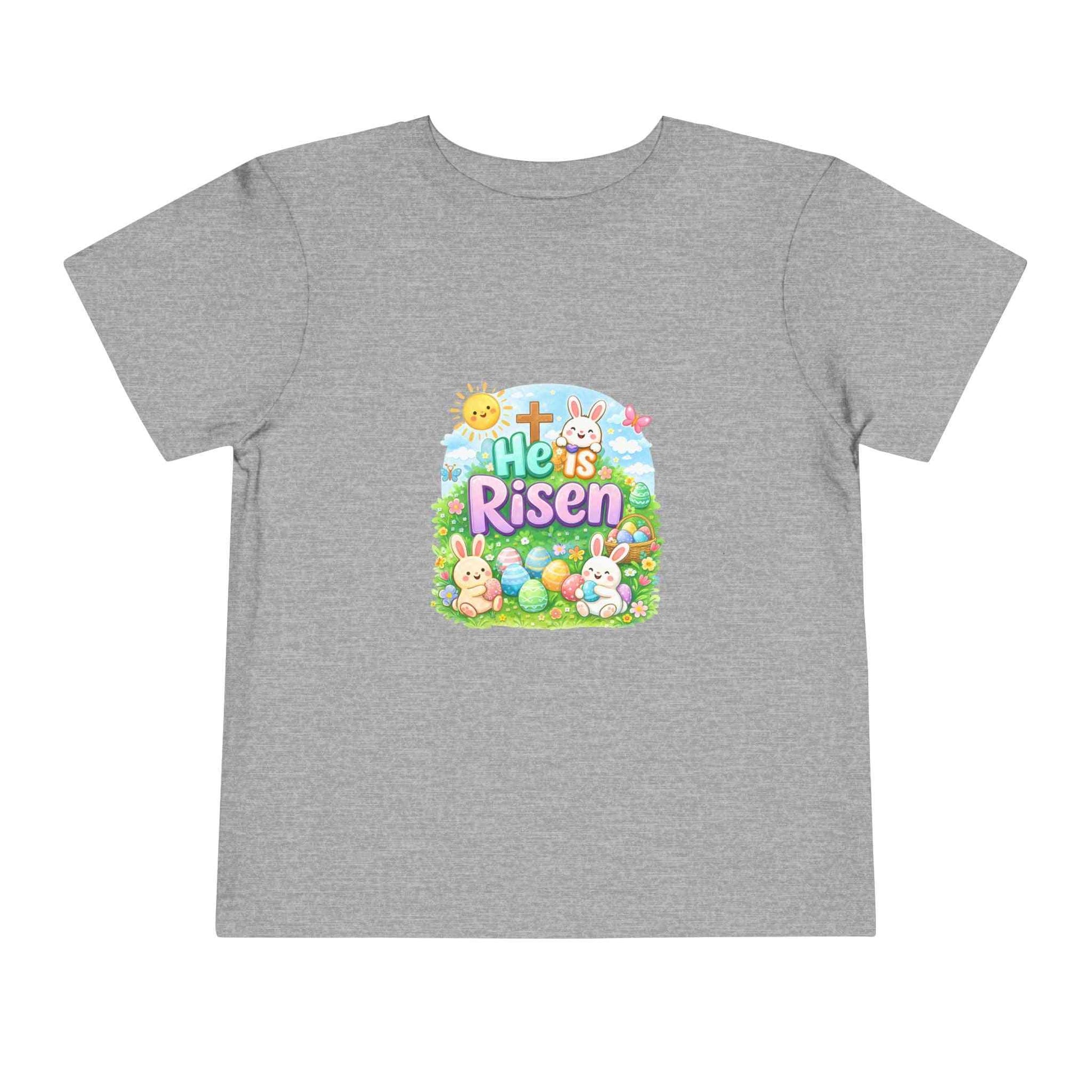 Toddler wearing He Is Risen Easter tee with bunny and cross design