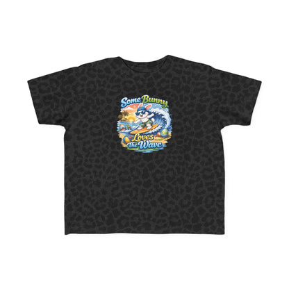 Toddler tee with cute surf bunny graphic, lightweight cotton, ribbed collar, perfect for beach play and everyday wear.