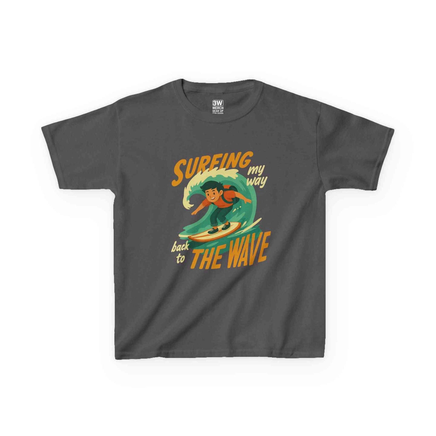 Kids Surfing The Wave T-Shirt with retro surfer graphic and vibrant beach style