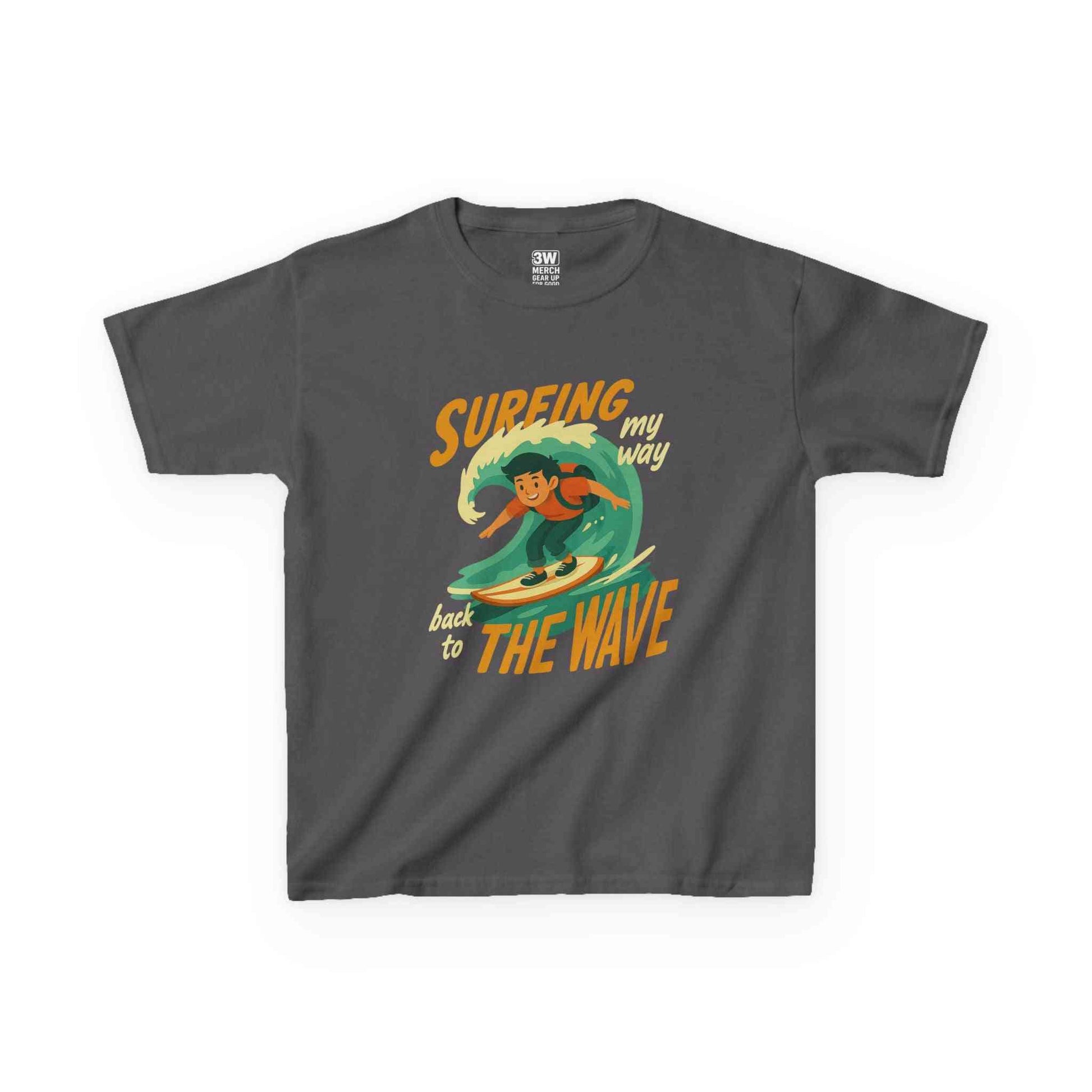 Kids Surfing The Wave T-Shirt with retro surfer graphic and vibrant beach style