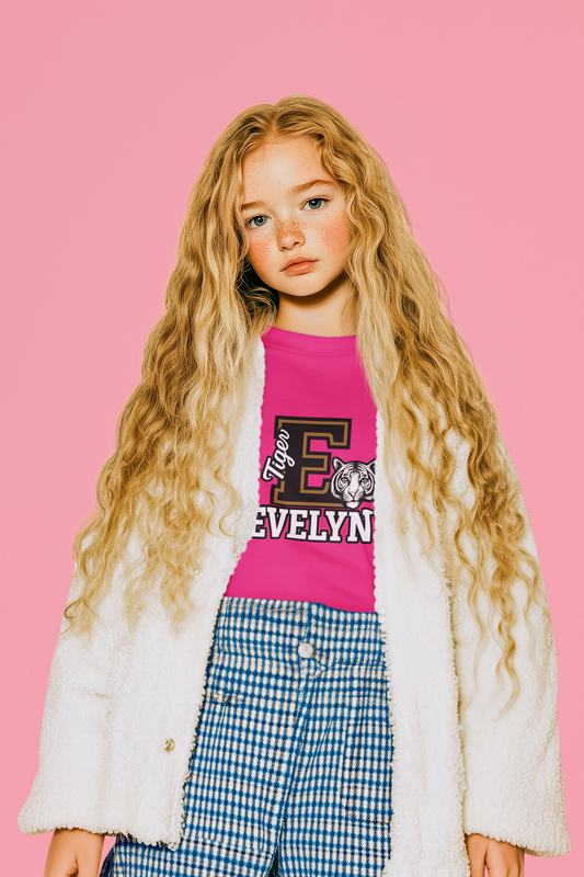 Custom Varsity Letter T-Shirt with Tiger Mascot | Personalized School Spirit Tee | Evelyn Name Shirt for Kids