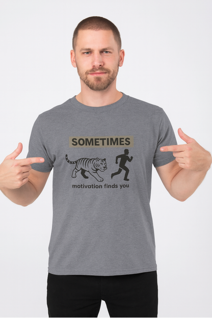 Funny Motivation T-Shirt – “Sometimes Motivation Finds You” Tiger Chase Running Tee for Fitness & Gym Lovers