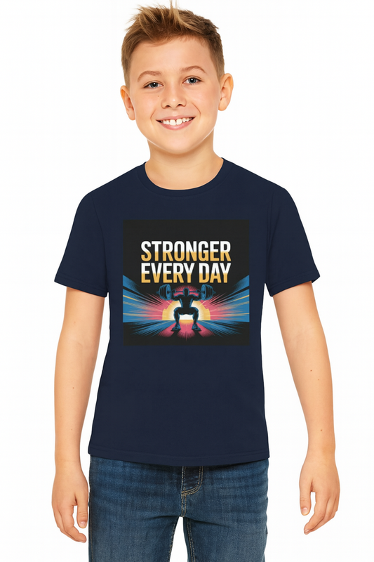 Youth Motivational T-Shirt - Stronger Every Day Graphic Tee for Kids, Fitness Enthusiasts, Gifts for Birthdays, Encouraging Active Lifestyle