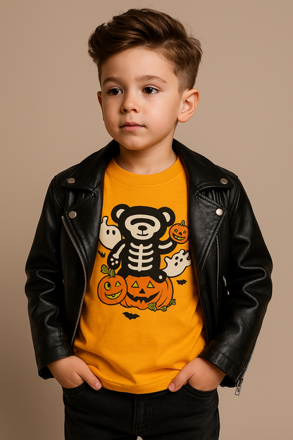 Kids Halloween Skeleton Bear T-Shirt – Cute Spooky Ghost & Pumpkin Graphic Tee for Boys & Girls
