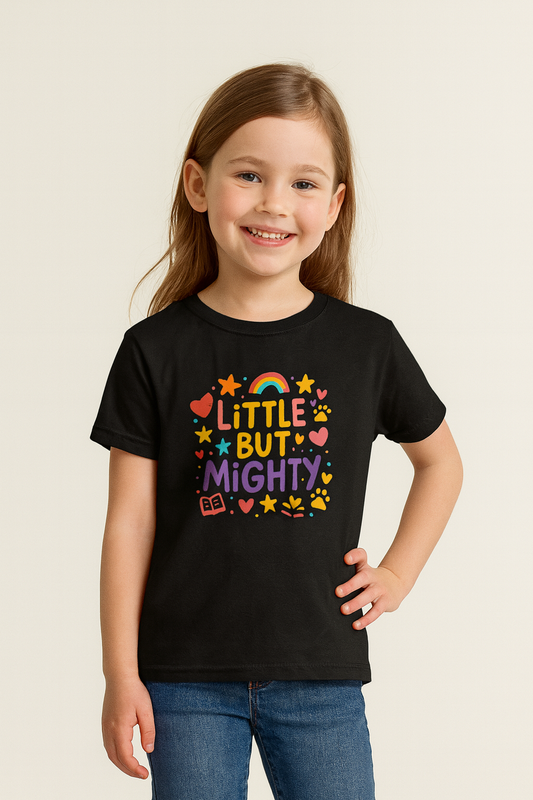 Kids Heavy Cotton™ Tee, Little But Mighty, Perfect for Birthdays, Playdates, Gifts, Everyday Wear, Rainbow Design T Shirt,